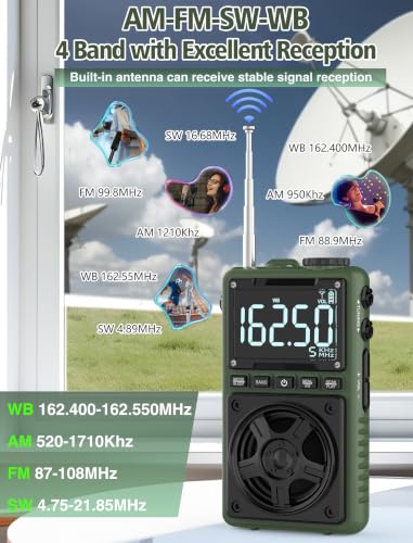 Bluetooth AM FM Shortwave Radio with NOAA Weather Alert,1250mAh Rechargeable Portable Pocket Radio with Best Reception,5W Big Speaker, Digital Tuner and Earphone,Support SD Card and USB MP3 Player - color: Green