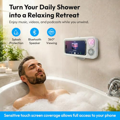 Shower Phone Holder with Wireless Bluetooth Speaker, 360° Rotating Bathroom Phone Mount with Speaker, 2026 New Waterproof Shower Phone Case for Any Phone, Fits Most Smartphones (White)