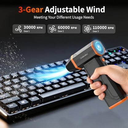 Compressed Air Duster,110000RPM Super Power Cordless Electric Air Duster,Rechargeable Brushless Motor Blower,3-Gear Adjustable Turbo Fan Duster Blower for Computer,Car,Outdoor and House