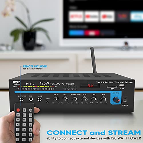 Pyle Home Compact Public Address Mono Amplifier - Professional 120 Watt Home Power Audio Sound PA Speaker Receiver System w/ RCA, Headphone, 2 Microphone Inputs, Independent Volume Control - PT210 - style: Home Compact Mono Amplifier