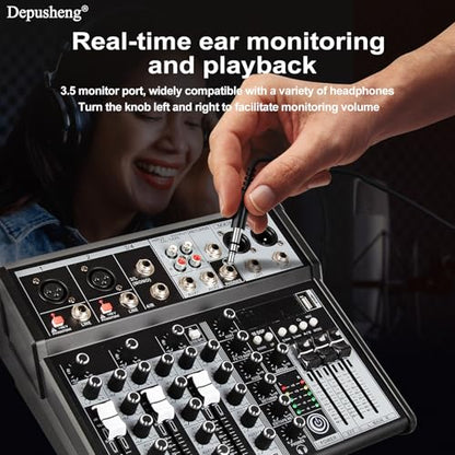 Depusheng Professional Audio Mixer, 4 Channel Audio Interface Sound Board Mixing Console System, 16-Bit DSP DJ Bluetooth Mixer +48V Phantom Effect For Karaoke Studio Streaming Recording (XT4)