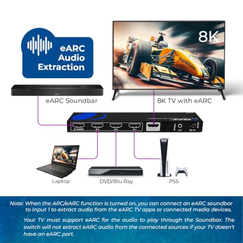 OREI 8K 4-Port HDMI Switch, 4-in 1-Out eARC, Audio Extractor, 8K@60Hz, HDR | hdmi switcher 4 in 1 out, hdmi switch with remote, eARC, HDCP 2.3, EDID, Optical & L/R Audio Out, PS5/Xbox