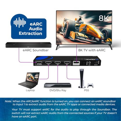 OREI 8K 4-Port HDMI Switch, 4-in 1-Out eARC, Audio Extractor, 8K@60Hz, HDR | hdmi switcher 4 in 1 out, hdmi switch with remote, eARC, HDCP 2.3, EDID, Optical & L/R Audio Out, PS5/Xbox