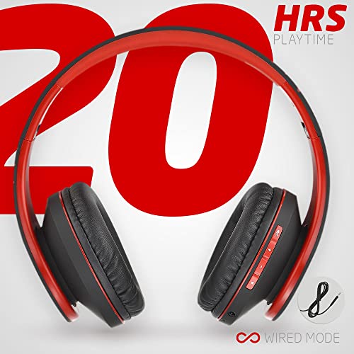 PowerLocus Bluetooth Over-Ear Headphones, Wireless Stereo Foldable Headphones Wireless and Wired Headsets with Built-in Mic, Micro SD/TF, FM for iPhone/Samsung/iPad/PC (Black/Red) - color: Black/Red