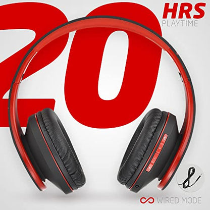 PowerLocus Bluetooth Over-Ear Headphones, Wireless Stereo Foldable Headphones Wireless and Wired Headsets with Built-in Mic, Micro SD/TF, FM for iPhone/Samsung/iPad/PC (Black/Red) - color: Black/Red