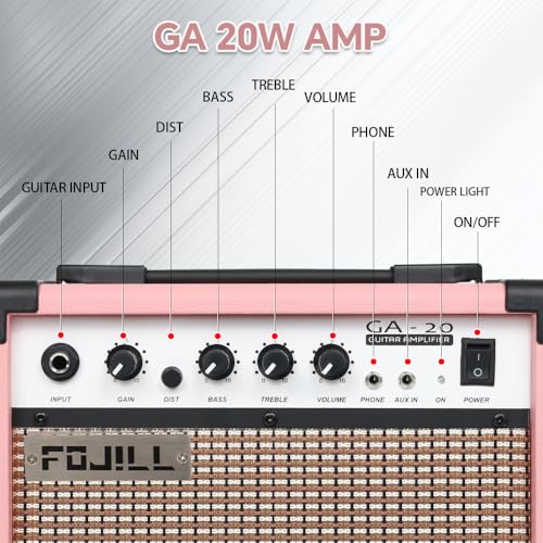 Fojill 20W Watt Electric Guitar Amplifier Amp Practice Small Portable Travel Mini Amp with 3.5 Headphone Jack Aux Distortion Gain Treble Bass Volume (Pink, 20W) - color: Pink