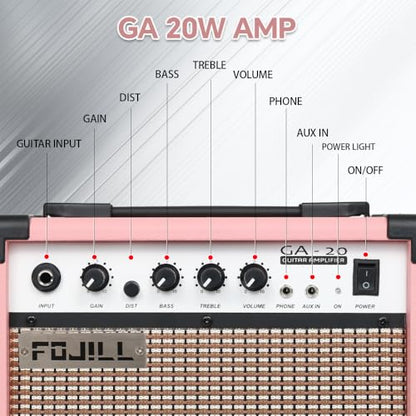 Fojill 20W Watt Electric Guitar Amplifier Amp Practice Small Portable Travel Mini Amp with 3.5 Headphone Jack Aux Distortion Gain Treble Bass Volume (Pink, 20W) - color: Pink