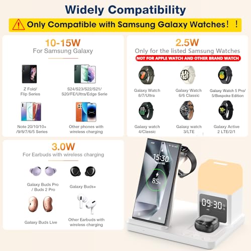Wireless Charger for Samsung/Android Charging Station, 6 in 1 Fast Watch Charger with Alarm Clock-Night Light, Compatible for Galaxy S25 Ultra/S24, Only for Samsung Watch8/7, Galaxy Buds3 Pro(White) - color: White