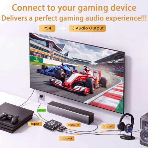 Optical Audio Splitter 1 in 3 Out with 3PCS Optical Audio Cable | Aluminum Shell Digital Toslink Audio Splitter 1x3 Supports Dolby Digital & DTS 5.1 for PS5 Xbox Blue-Ray DVD HDTV TV Box