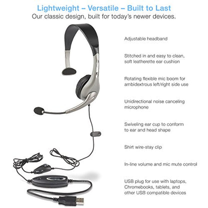 Cyber Acoustics AC-840 Mono USB Headset with Comfortable All-Day Fit | Great for Call Centers, Education and Office Use, Lightweight Build, Clear Audio