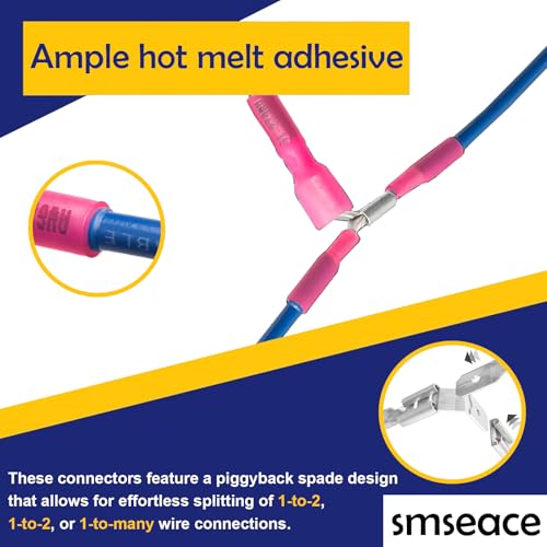 smseaces 140Pcs Heat Shrink Piggy Back Spade Connectors 22-10AWG 6.3mm(1/4") Piggyback Wire Connectors for Automotive,Audio Systems,Household Appliances Double Spade Connector - style: Heat Shrink Connectors