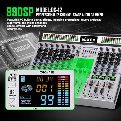 12-Channel Professional Audio Mixer, DK-12 Mixing Console with XLR Inputs, Bluetooth, 99 DSP Effects, MP3, USB Interface for Podcast, Music, Recording, PC 14.76"x1.96“x17.40"inches