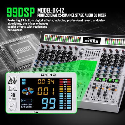 12-Channel Professional Audio Mixer, DK-12 Mixing Console with XLR Inputs, Bluetooth, 99 DSP Effects, MP3, USB Interface for Podcast, Music, Recording, PC 14.76"x1.96“x17.40"inches