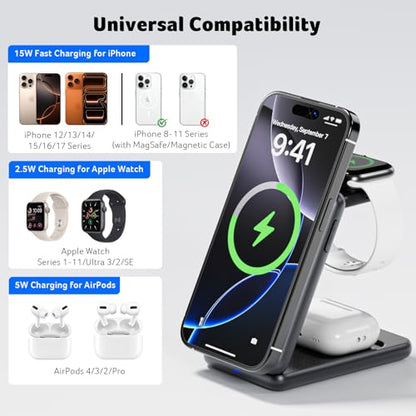 Acer 3 in 1 Charging Station for iPhone, Wireless Charger Stand,15W Fast MagSafe Charger for iPhone 17 16 15 14 13 12 Series-Apple Watch 11 10 9 8 7 6 5 4 3 2 SE and Ultra Series-Airpods 4 3 2 Pro - color: S3-White