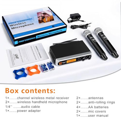 Wireless Microphone System, Fixed Frequency, Dual UHF Handheld Microphones, 200ft Long Range, Plug & Play, Cordless Microphone for Singing, Karaoke, DJ, Church, Wedding, Home KTV