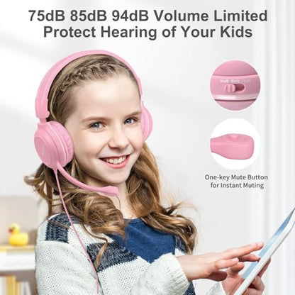 SIMOLIO Wired Headphones for School with Microphone, Stereo Kids Headphone with Flexible Swivel Boom Mic for Student K12 & Teacher & E-Learning, 3 Levels Volume Limiter Gaming Headsets for Boys, Girls - color: Pink & Blue