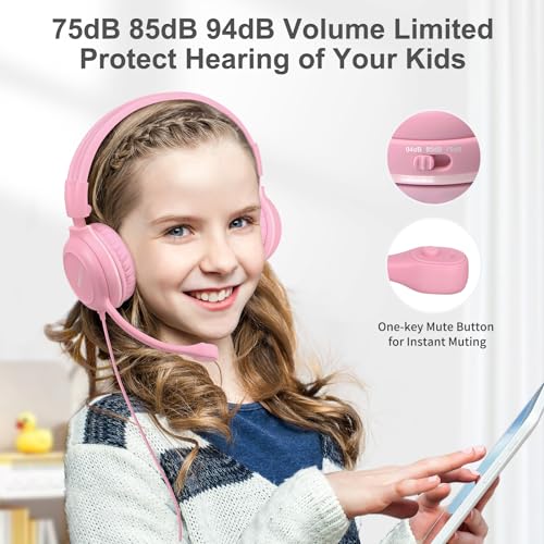 SIMOLIO Wired Headphones for School with Microphone, Stereo Kids Headphone with Flexible Swivel Boom Mic for Student K12 & Teacher & E-Learning, 3 Levels Volume Limiter Gaming Headsets for Boys, Girls - color: Pink & Blue