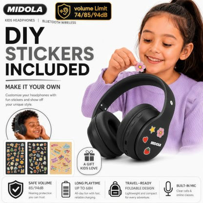 MIDOLA Kids Headphones Bluetooth 5.4 Wireless 68H Play Time Volume Limit 85/94dB Over-Ear Foldable Headset,Type-C Fast Charging,with Wired Aux Mic for Toddler Child Pad Tablet Black | Adjustable Headband Foldable Over-Ear Lightweight Headsets for Toddler