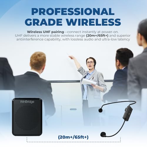 WinBridge Wireless Voice Amplifier with Headset Mic, 15W Mini PA System | Power-On Auto Sync,Dual Music + Voice Playback,Ideal for Teaching,Fitness, Tours & Public Speaking, Ultra-lightweight, WB008U