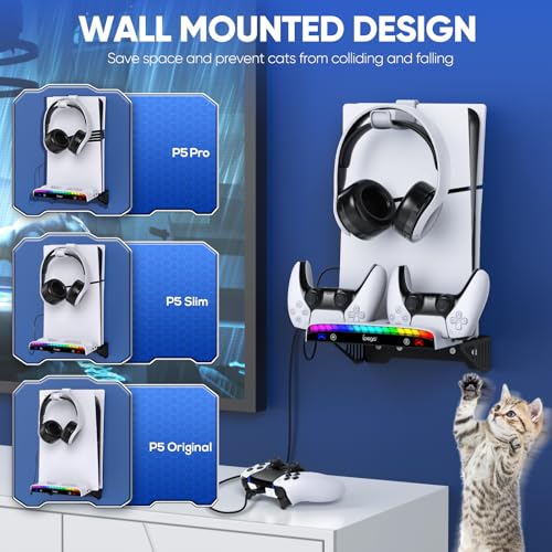 Wall Mount Kit for PS5 Pro/Slim/Original with Charging Station | Charger with RGB Light, Headset Holder & USB Hub for PlayStation 5 Pro/Slim/Original