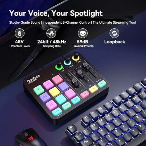 OneOdio Solocaster Gaming Audio Mixer, 5-Channel Interface, 48V XLR | Bluetooth, RGB lighting, USB-C and 3.5mm inputs for beginner streaming, podcasting, karaoke and PC, Mac or mobile use