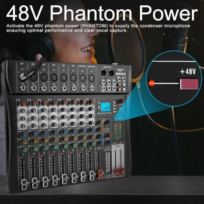 8-Channel Audio Mixer, Recording Sound Board with Bluetooth