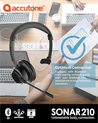 Accutone Sonar 210 Mono Bluetooth Headphones, Headset with mic, Long-Enduring Battery for PC/Mac & Cell Phones. Compatible with MS Teams/Skype/Zoom Best Choice for Work