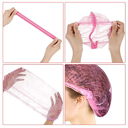 100 Pcs Disposable Nonwoven Bouffant Caps 21 Inch Hair Net Elastic Cap Hair Cover Hats for Beauty Salon Hospital Spa Catering Dust-free Workspace(Pink) - color: Pink