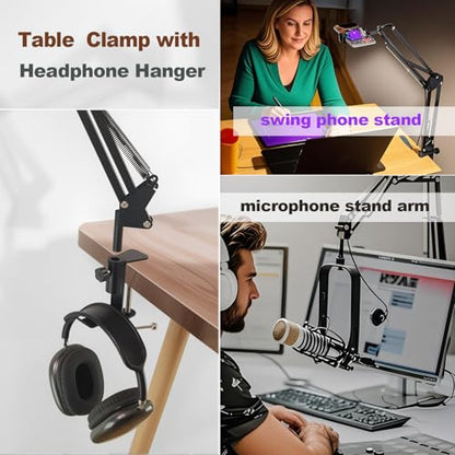 Table Clamp Mount for Microphone stand, Microphone Clamps for Desk with Headphone Hanger, Metal Desk Clamp for Microphone suitable for swing arm phone stand, Table Mounting Clamp hang hat Handbag
