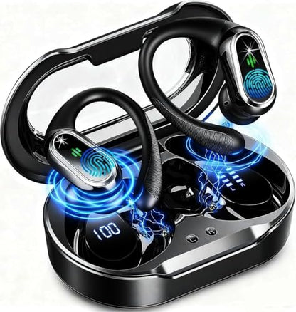 Wireless Earbuds, 2026 Bluetooth 5.4 Headphones Sport, 60Hrs HiFi Stereo Deep Bass Over-Ear buds with ENC Noise Cancelling Mic, IP7 Waterproof & LED Display Earphones with Earhooks for Workout/Running - color: SkyMark Black