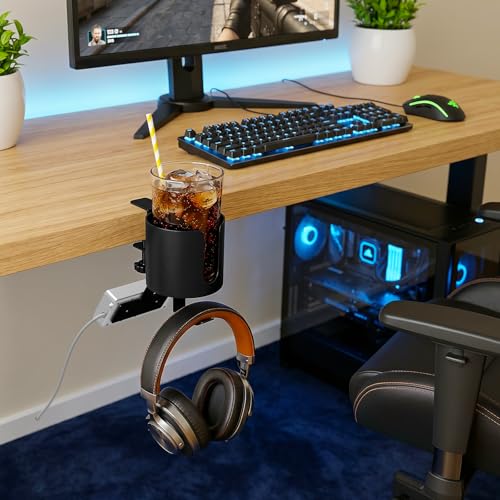 3 in 1 Desk Cup Holder Clamp, Clip On Table Cup Holder with Headphone Hook | Rotatable Water Bottle Drink Coffee Mug Organizer with Power Strip Holder, Gaming Accessories for Home and Office - color: With Power Strip Holder