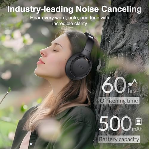 LORELEI QC60 Hybrid Active Noise Cancenlling Headphones,Wireless Over Ear Bluetooth Headsets with Microphone, 60H Playtime Foldable Lightweight, Deep Bass, Memory Earmuffs, for Travel Home Office - color: Space Black