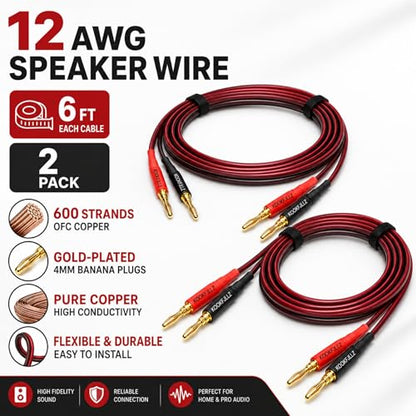 Speaker Wire with Banana Plugs 12AWG, 600-Strand OFC Pure Copper, 6ft x 2 Pack, 4mm Gold Plated, Braided, Home Theater Stereo Bookshelf Audiophile AV Receiver