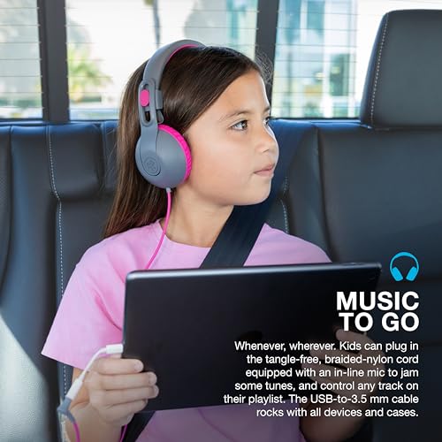 JLab JBuddies Studio 2 On-Ear Kids Wired Headphones, Grey/Pink, Toddler Headphones, Kid Safe, Studio Volume Safe, Volume Limiter, Folding, Adjustable, Noise Isolation, with Mic