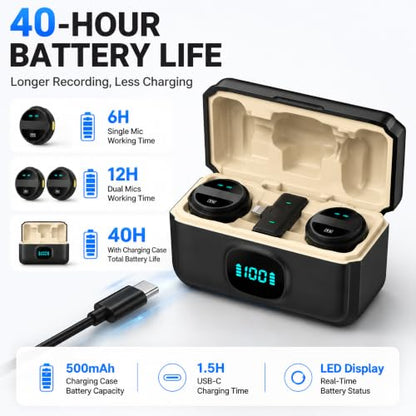 Wireless Lavalier Microphone for iPhone Android, Magnetic Lapel Mic with Noise Reduction, Clip On Mic USB C Lightning Receiver for Video, Vlogging, TikTok, YouTube, Charging Case