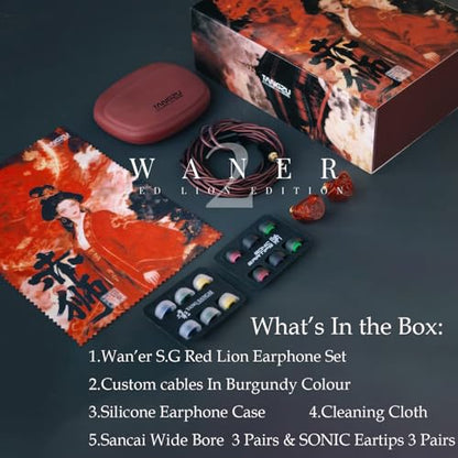 TANGZU Wan'er S.G II Red Lion in Ear Monitor, Gaming IEM Earphones, HiFi Wired Earphones with Silicone Headphone Organizer, Tang Sancai Wide Bore Eartips, Sonic Eartips (Red, 3.5mm with Mic) - size: 3.5mm Jack with Mic