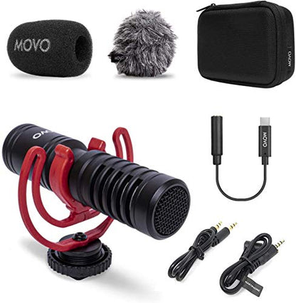 Movo VXR10-PRO External Video Microphone for USB-C Smartphone/Camera with Rycote Lyre Shock Mount - Compact Shotgun Mic and Accessories Compatible with Androids/DSLR Cameras - Battery-Free DSLR Mic