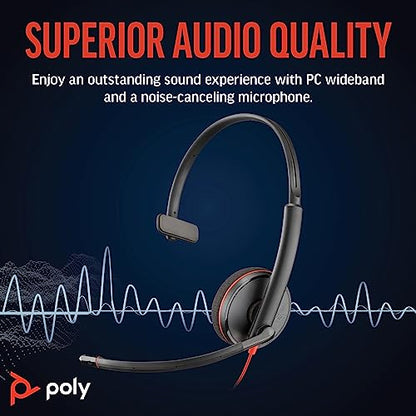 Poly Blackwire 3210 Wired Headset (Plantronics) - Noise-Canceling Mic - Single-Ear Design - Connect to PC/Mac via USB-C or USB-A - Works w/Teams, Zoom - Amazon Exclusive - style: 2023 Version - Bulk Packaging