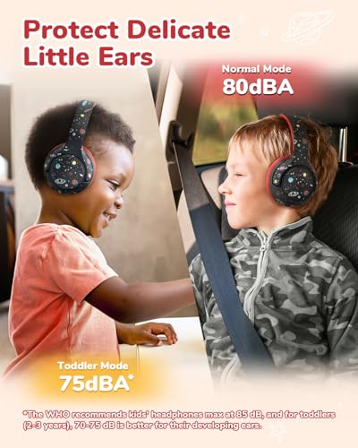 iClever BTH27 Toddler Headphones for 2+ Year Old Baby Kids Travel Study | SafeSound Tech3.0, 74H Playtime, Bluetooth 5.4, BPA Free, Aux, Soft Baby Headphones, Easy Operation, Adjustable, Black - color: Black