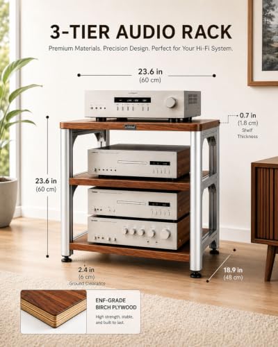 3-Tier HiFi Audio Rack, Adjustable AV Stand for Stereo Equipment | 110 lbs Per Shelf Open Cooling Design Metal Support Columns Rubber Feet Fits Amplifier, Receiver, Turntable & CD Player - size: 3-tier