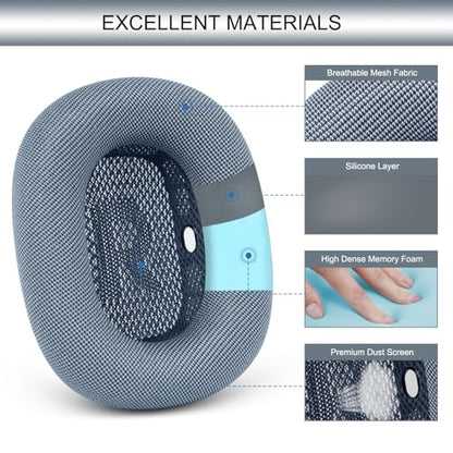 GEVO Upgraded Ear Cushions Replacement Earpads for AirPods Max 1 & 2 Headphones, Mesh Fabric Ear Pads Ear Covers Cups with Memory Foam and Magnet for AirPods Max 1 & 2 (Light Blue) - color: Light Blue