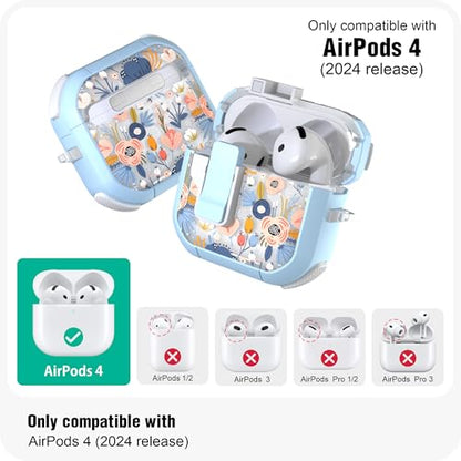 WENEW Case for AirPods 4th Case Cover Secure Lock Automatic Snap Switch Clip Cleaner Kit Lanyard Women Stylish Flower Armour Hard Shell Full Body Front LED Visible (Blue, AirPods 4) - color: Blue, size: AirPods 4