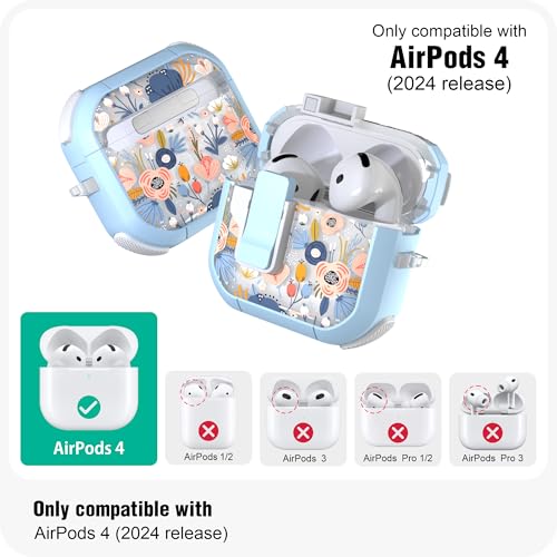WENEW Case for AirPods 4th Case Cover Secure Lock Automatic Snap Switch Clip Cleaner Kit Lanyard Women Stylish Flower Armour Hard Shell Full Body Front LED Visible (Blue, AirPods 4) - color: Blue, size: AirPods 4