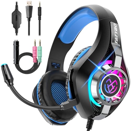 Tatybo Gaming Headset for PS5 PC, Noise Canceling Mic, RGB, Black Blue | Over Ear, Deep Bass Stereo Sound for FPS, Battle Royale, Lightweight Headset for Xbox, PS4, Mobile, Nintendo, 3.5mm devices - color: Black Blue