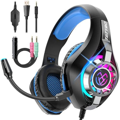 Tatybo Gaming Headset for PS5 PC, Noise Canceling Mic, RGB, Black Blue | Over Ear, Deep Bass Stereo Sound for FPS, Battle Royale, Lightweight Headset for Xbox, PS4, Mobile, Nintendo, 3.5mm devices - color: Black Blue