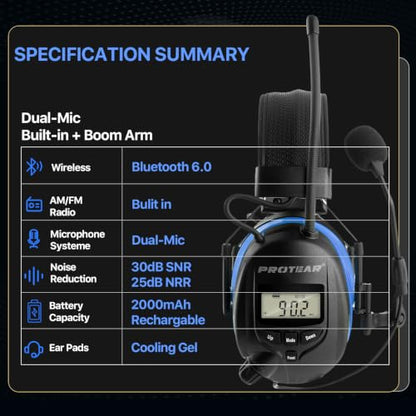 AM FM Radio Hearing Protection Earmuff, Bluetooth 5.4, 30SNR | Rechargeable Hearing Protectors with Gel Earpads, Headphones for Lawn Mowing, Construction, Chainsaw, Landscaping - color: Am/Fm + Bluetooth + Microphone-blue