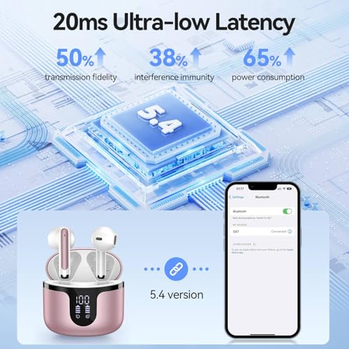 Wireless Earbuds, Bluetooth 5.4 Headphones HiFi Stereo with 4 HD Mic, 50H Playtime Bluetooth Earbuds with Dual LED Display, IPX7 Waterproof Wireless Earphones, Touch Control Ear Buds,USB-C, Rosa Gold - color: Rosa Gold