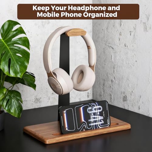 Walnut Headset Stand for Desk with Phone Holder | Headphone Stand Headphone Holder (Natural Wood)