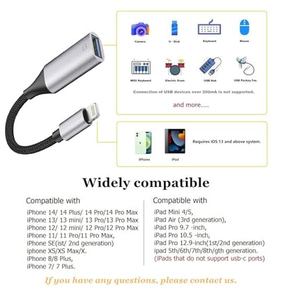 Lightning to USB Adapter [Apple MFi Certified], USB Camera Adapter for iPhone, iOS OTG Cable Adapter, Supports Flash Drive, Card Reader, Mouse, Keyboard - color: Grey