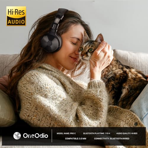 OneOdio Pro C Wired & Wireless Over-Ear Headphones, 110H, 50mm Drivers | Wired 3.5mm and wireless Bluetooth modes with 110H playtime, 50mm drivers and HD mic for PC, podcast and studio work - color: Black